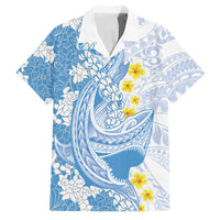 Blue Hawaii Shark Tattoo Family Matching Off The Shoulder Long Sleeve Dress and Hawaiian Shirt Puakenikeni Lei Plumeria Polynesian Pattern