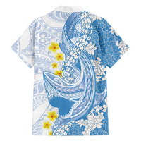 Blue Hawaii Shark Tattoo Family Matching Off The Shoulder Long Sleeve Dress and Hawaiian Shirt Puakenikeni Lei Plumeria Polynesian Pattern