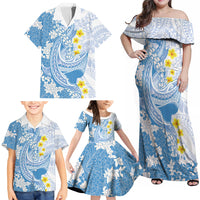Blue Hawaii Shark Tattoo Family Matching Off Shoulder Maxi Dress and Hawaiian Shirt Puakenikeni Lei Plumeria Polynesian Pattern