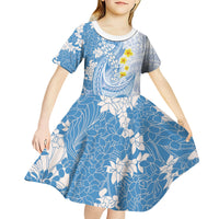 Blue Hawaii Shark Tattoo Kid Short Sleeve Dress Puakenikeni Lei Plumeria Polynesian Pattern LT14 - Polynesian Pride