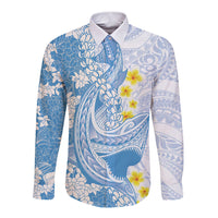 Blue Hawaii Shark Tattoo Long Sleeve Button Shirt Puakenikeni Lei Plumeria Polynesian Pattern LT14 Unisex Blue - Polynesian Pride