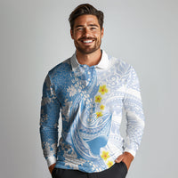 Blue Hawaii Shark Tattoo Long Sleeve Polo Shirt Puakenikeni Lei Plumeria Polynesian Pattern
