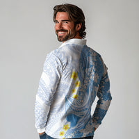 Blue Hawaii Shark Tattoo Long Sleeve Polo Shirt Puakenikeni Lei Plumeria Polynesian Pattern
