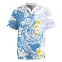 Blue Hawaii Shark Tattoo Rugby Jersey Puakenikeni Lei Plumeria Polynesian Pattern LT14 Blue - Polynesian Pride