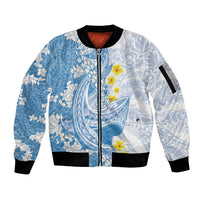 Blue Hawaii Shark Tattoo Sleeve Zip Bomber Jacket Puakenikeni Lei Plumeria Polynesian Pattern LT14 Unisex Blue - Polynesian Pride