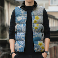 Blue Hawaii Shark Tattoo Sleeveless Puffer Jacket Puakenikeni Lei Plumeria Polynesian Pattern LT14 - Polynesian Pride
