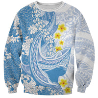 Blue Hawaii Shark Tattoo Sweatshirt Puakenikeni Lei Plumeria Polynesian Pattern LT14 Unisex Blue - Polynesian Pride