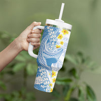 Blue Hawaii Shark Tattoo Tumbler With Handle Puakenikeni Lei Plumeria Polynesian Pattern LT14 - Polynesian Pride