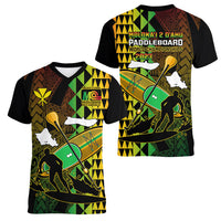 Paddle Board Hawaii Women V Neck T Shirt Molokai 2 Oahu World Championships Kakau Pattern LT14 - Polynesian Pride