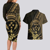 Gold Kosrae Liberation Day Couples Matching Long Sleeve Bodycon Dress and Hawaiian Shirt September 8 Polynesian Tattoo - Polynesian Pride