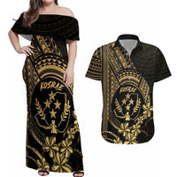 Gold Kosrae Liberation Day Couples Matching Off Shoulder Maxi Dress and Hawaiian Shirt September 8 Polynesian Tattoo - Polynesian Pride