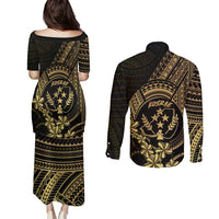 Gold Kosrae Liberation Day Couples Matching Puletasi and Long Sleeve Button Shirt September 8 Polynesian Tattoo - Polynesian Pride