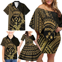 Gold Kosrae Liberation Day Family Matching Off Shoulder Short Dress and Hawaiian Shirt September 8 Polynesian Tattoo - Polynesian Pride