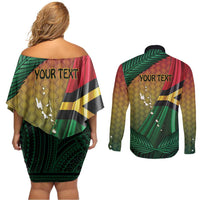 Personalised Long Live Vanuatu Independence Day Couples Matching Off Shoulder Short Dress and Long Sleeve Button Shirt 45th Anniversary Woven Pattern LT14 - Polynesian Pride