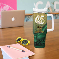 Personalised Long Live Vanuatu Independence Day Tumbler With Handle 45th Anniversary Woven Pattern - Polynesian Pride