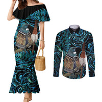 New Zealand Tui Bird Taiaha Couples Matching Mermaid Dress and Long Sleeve Button Shirt Maori Weapon Paua Shell Mix Silver Fern