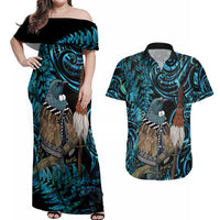 New Zealand Tui Bird Taiaha Couples Matching Off Shoulder Maxi Dress and Hawaiian Shirt Maori Weapon Paua Shell Mix Silver Fern