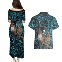 New Zealand Tui Bird Taiaha Couples Matching Puletasi and Hawaiian Shirt Maori Weapon Paua Shell Mix Silver Fern