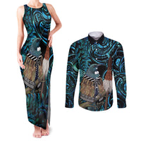New Zealand Tui Bird Taiaha Couples Matching Tank Maxi Dress and Long Sleeve Button Shirt Maori Weapon Paua Shell Mix Silver Fern
