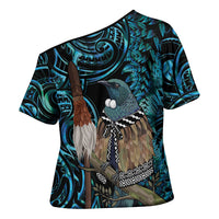 New Zealand Tui Bird Taiaha Cross Shoulder Shirt Maori Weapon Paua Shell Mix Silver Fern