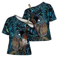 New Zealand Tui Bird Taiaha Cross Shoulder Shirt Maori Weapon Paua Shell Mix Silver Fern