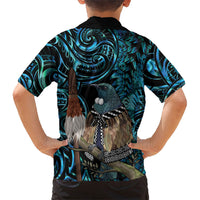 New Zealand Tui Bird Taiaha Family Matching Long Sleeve Bodycon Dress and Hawaiian Shirt Maori Weapon Paua Shell Mix Silver Fern