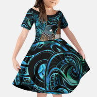 New Zealand Tui Bird Taiaha Family Matching Long Sleeve Bodycon Dress and Hawaiian Shirt Maori Weapon Paua Shell Mix Silver Fern