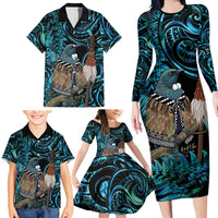 New Zealand Tui Bird Taiaha Family Matching Long Sleeve Bodycon Dress and Hawaiian Shirt Maori Weapon Paua Shell Mix Silver Fern