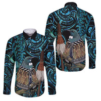 New Zealand Tui Bird Taiaha Family Matching Off Shoulder Maxi Dress and Hawaiian Shirt Maori Weapon Paua Shell Mix Silver Fern LT14 Dad's Shirt - Long Sleeve Turquoise - Polynesian Pride