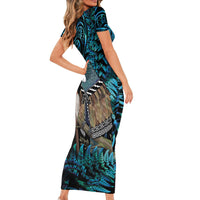 New Zealand Tui Bird Taiaha Family Matching Short Sleeve Bodycon Dress and Hawaiian Shirt Maori Weapon Paua Shell Mix Silver Fern