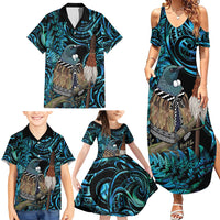 New Zealand Tui Bird Taiaha Family Matching Summer Maxi Dress and Hawaiian Shirt Maori Weapon Paua Shell Mix Silver Fern