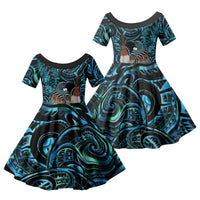 New Zealand Tui Bird Taiaha Family Matching Summer Maxi Dress and Hawaiian Shirt Maori Weapon Paua Shell Mix Silver Fern LT14 Daughter's Dress Turquoise - Polynesian Pride