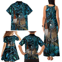 New Zealand Tui Bird Taiaha Family Matching Tank Maxi Dress and Hawaiian Shirt Maori Weapon Paua Shell Mix Silver Fern