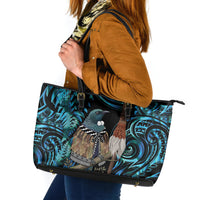 New Zealand Tui Bird Taiaha Leather Tote Bag Maori Weapon Paua Shell Mix Silver Fern