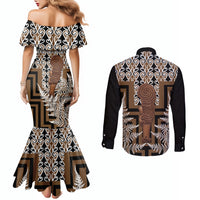 Wahaika New Zealand Couples Matching Mermaid Dress and Long Sleeve Button Shirt Maori Weapon Kowhaiwhai Fern Poutama Motifs