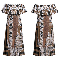 Wahaika New Zealand Couples Matching Off Shoulder Maxi Dress and Long Sleeve Button Shirt Maori Weapon Kowhaiwhai Fern Poutama Motifs LT14 - Polynesian Pride