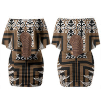 Wahaika New Zealand Couples Matching Off Shoulder Short Dress and Hawaiian Shirt Maori Weapon Kowhaiwhai Fern Poutama Motifs LT14 - Polynesian Pride