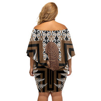 Wahaika New Zealand Family Matching Off Shoulder Short Dress and Hawaiian Shirt Maori Weapon Kowhaiwhai Fern Poutama Motifs