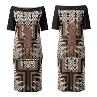 Wahaika New Zealand Family Matching Puletasi and Hawaiian Shirt Maori Weapon Kowhaiwhai Fern Poutama Motifs LT14 Mom's Dress Brown - Polynesian Pride