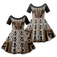 Wahaika New Zealand Family Matching Short Sleeve Bodycon Dress and Hawaiian Shirt Maori Weapon Kowhaiwhai Fern Poutama Motifs LT14 Daughter's Dress Brown - Polynesian Pride