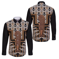 Wahaika New Zealand Family Matching Summer Maxi Dress and Hawaiian Shirt Maori Weapon Kowhaiwhai Fern Poutama Motifs LT14 Dad's Shirt - Long Sleeve Brown - Polynesian Pride