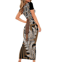 Wahaika New Zealand Short Sleeve Bodycon Dress Maori Weapon Kowhaiwhai Fern Poutama Motifs