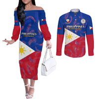 Custom Philippines Football Couples Matching Off The Shoulder Long Sleeve Dress and Long Sleeve Button Shirts 2023 World Cup Go Filipinas Feather Flag Version LT14 Blue - Polynesian Pride