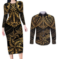Black and Gold Polynesia Couples Matching Long Sleeve Bodycon Dress and Long Sleeve Button Shirt Plumeria Tattoo With Polynesian Pattern LT14 Black - Polynesian Pride