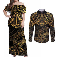 Black and Gold Polynesia Couples Matching Off Shoulder Maxi Dress and Long Sleeve Button Shirt Plumeria Tattoo With Polynesian Pattern LT14 Black - Polynesian Pride