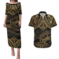 Black and Gold Polynesia Couples Matching Puletasi and Hawaiian Shirt Plumeria Tattoo With Polynesian Pattern LT14 Black - Polynesian Pride