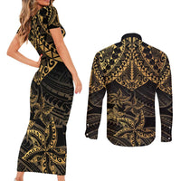 Black and Gold Polynesia Couples Matching Short Sleeve Bodycon Dress and Long Sleeve Button Shirt Plumeria Tattoo With Polynesian Pattern LT14 - Polynesian Pride