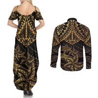 Black and Gold Polynesia Couples Matching Summer Maxi Dress and Long Sleeve Button Shirt Plumeria Tattoo With Polynesian Pattern LT14 - Polynesian Pride
