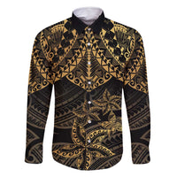 Black and Gold Polynesia Family Matching Long Sleeve Bodycon Dress and Hawaiian Shirt Plumeria Tattoo With Polynesian Pattern