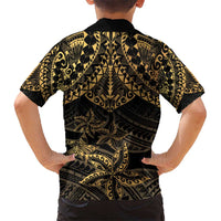 Black and Gold Polynesia Kid Hawaiian Shirt Plumeria Tattoo With Polynesian Pattern